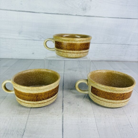 Pottery Craft USA #458 Beige Speckled Brown Stripe Ceramic Large Soup Mugs Set 3 - Picture 2 of 15